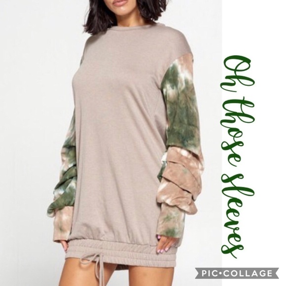 SALE!! Taupe Sweatshirt Like Top w/Tie Dyed Sleeves - Picture 1 of 5